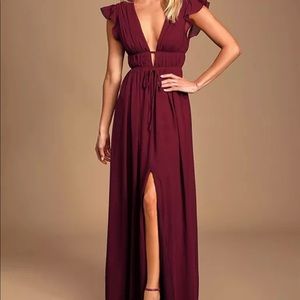 Lulu’s I’m All Yours Ruffle Maxi Dress in Maroon